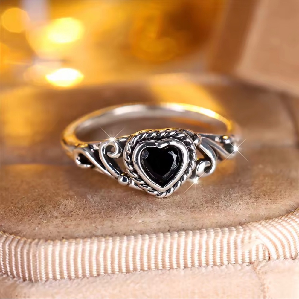 Sterling Silver Heart Ring with Black Stone
